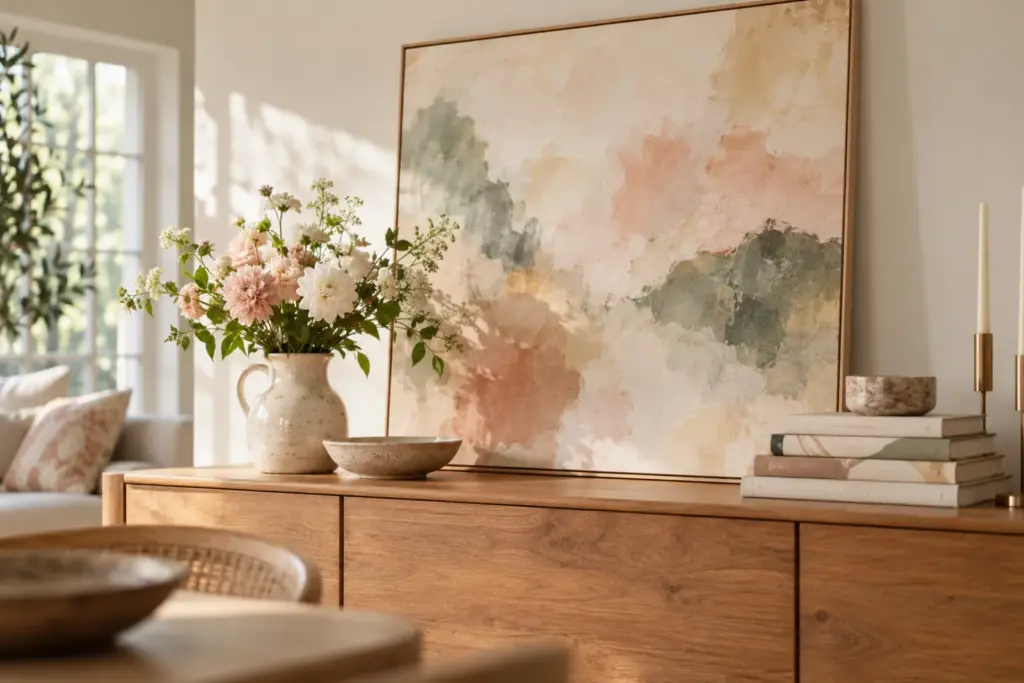 A large framed-style canvas leaning on a wall above a sideboard with fresh flowers