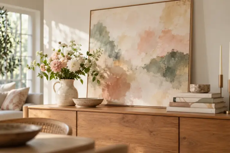 A large framed-style canvas leaning on a wall above a sideboard with fresh flowers