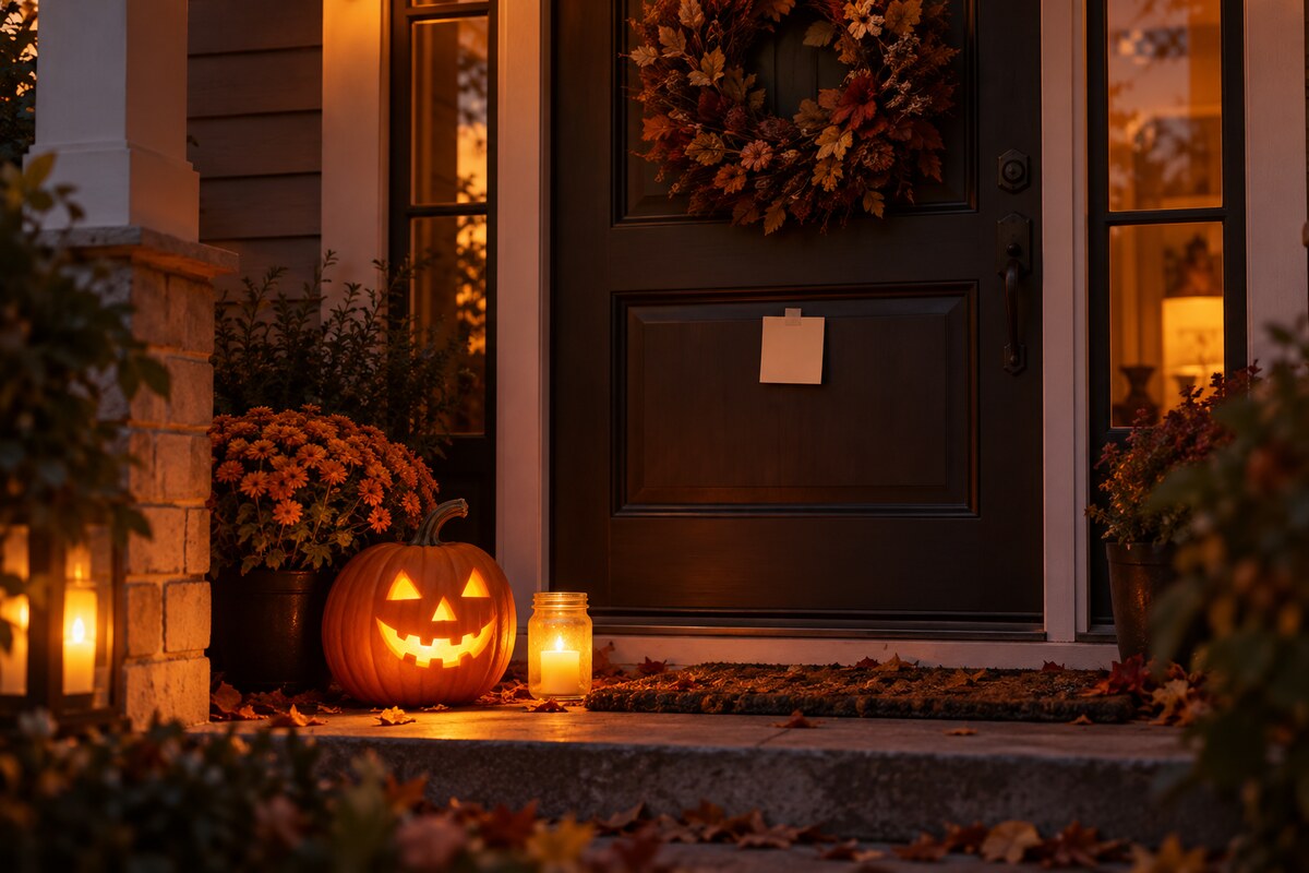 A porch with a carved pumpkin, a candle in a jar and a small blank card taped to the door
