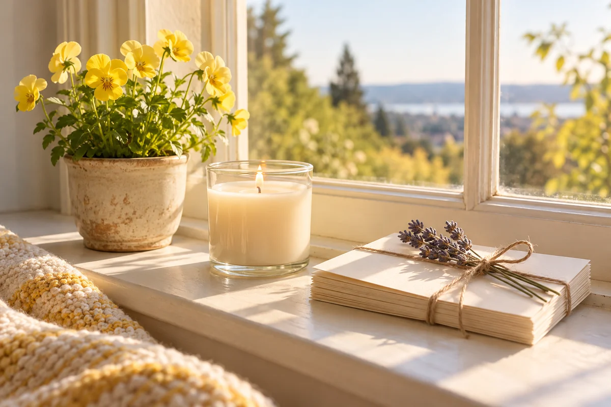 A small potted plant and a candle on a windowsill next to a stack of blank cream cards.