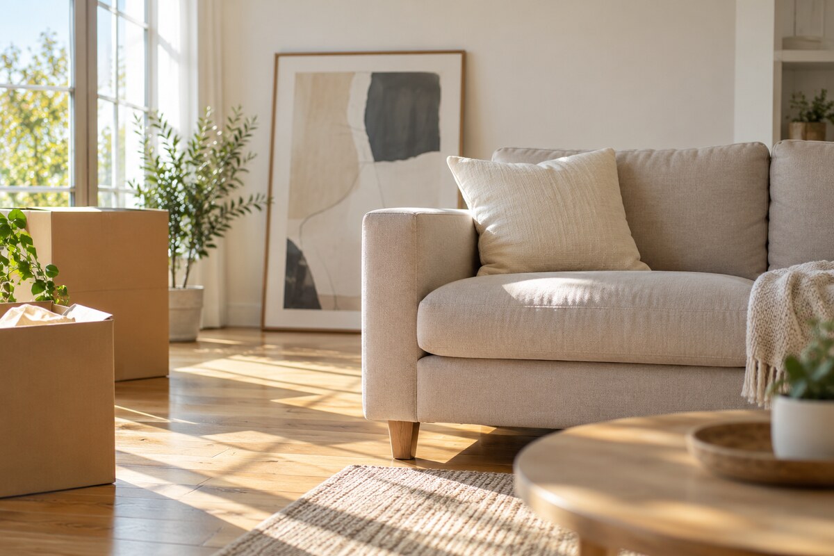 A couch with a family-name cushion and a framed canvas leaning against a wall in a new home