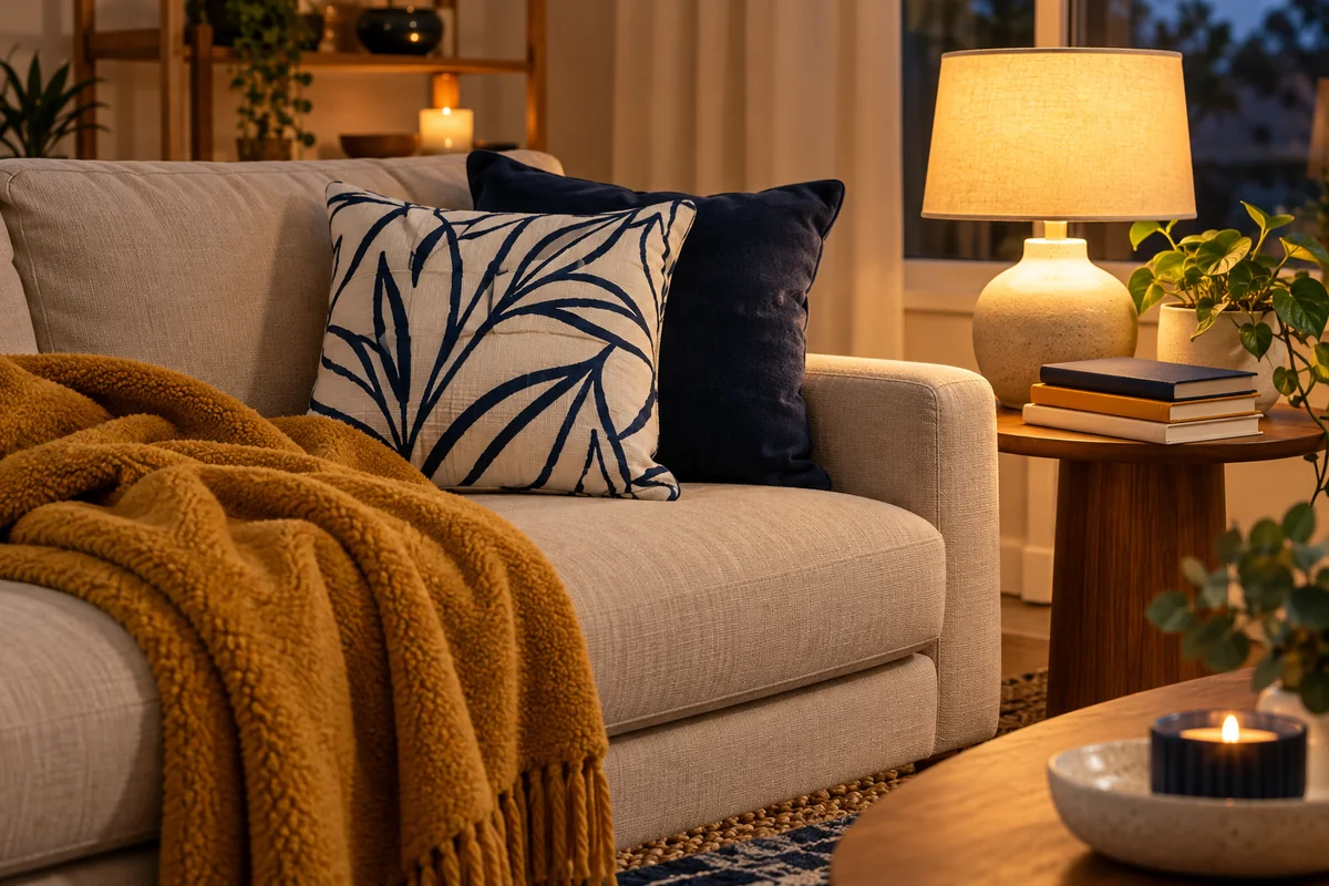 A folded throw and a floral cushion on a sofa with a stack of closed notebooks