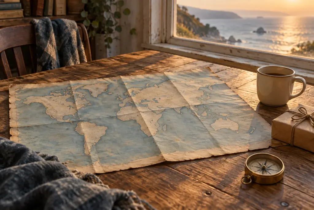 A plain mug and a small wrapped gift beside an old map on a table.