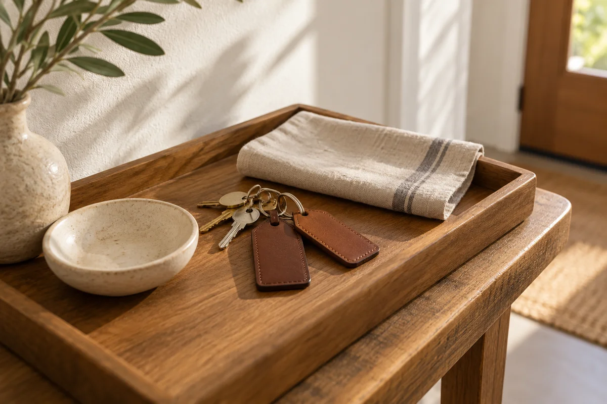 A pair of plain keychains on a tray beside a set of house keys.
