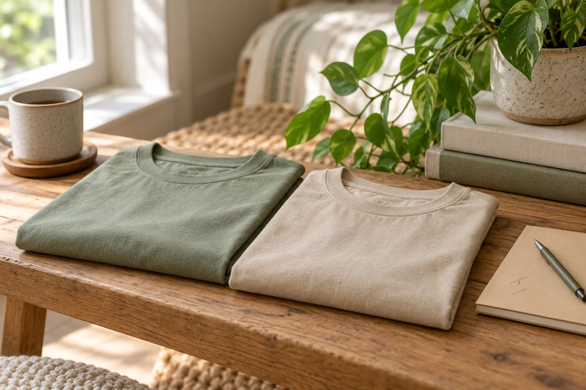 Two matching tees folded side by side with a small notebook and a pen.