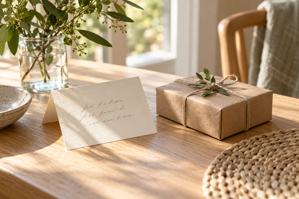 A handwritten card and a small kraft gift box on a table beside a window.