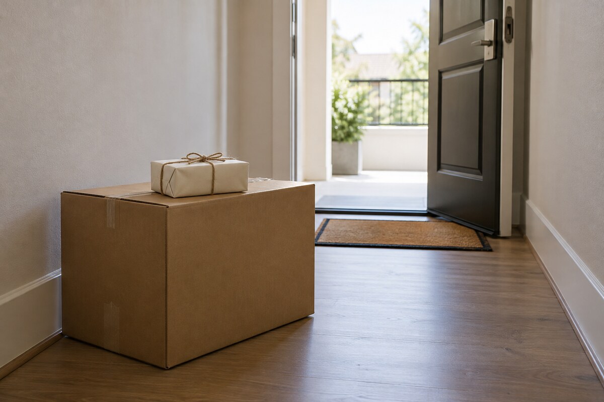 A cardboard moving box with a gift wrapped in paper on top beside an open door