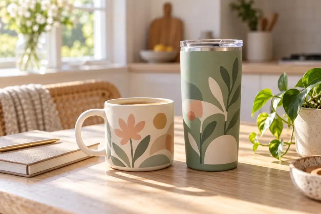 A mug and a tall tumbler side by side on a pale table next to a notebook and a small plant