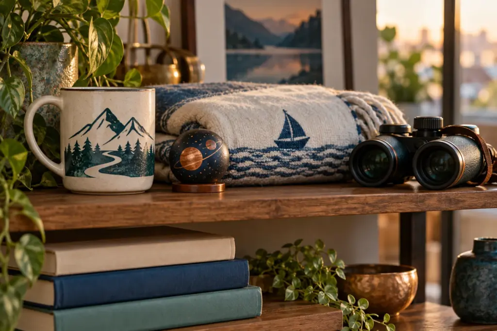 A trail-themed mug, a folded blanket and a small ornament on a wooden shelf in afternoon light.