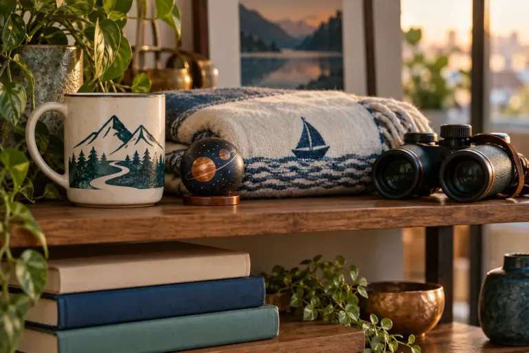 A trail-themed mug, a folded blanket and a small ornament on a wooden shelf in afternoon light.