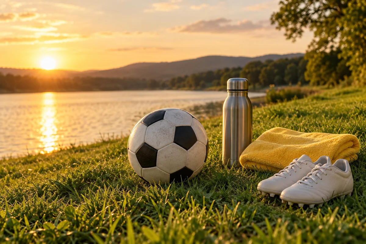 A soccer ball resting on a grassy bank beside a water bottle and a folded towel.
