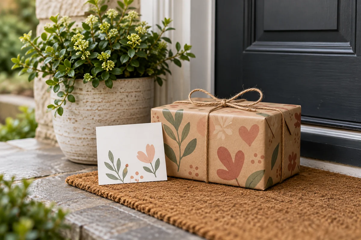 A parcel on a doorstep beside a potted plant and a blank card