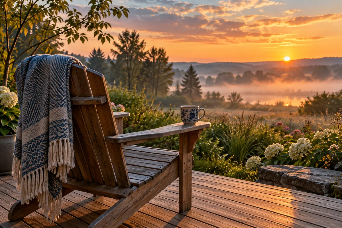 A deck chair facing a quiet garden at sunrise with a mug on the armrest.
