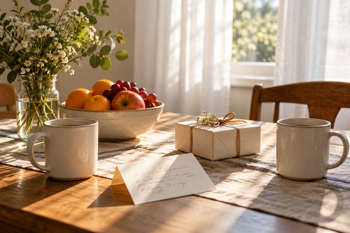 Two mugs, a folded note and a small gift on a sunlit breakfast table