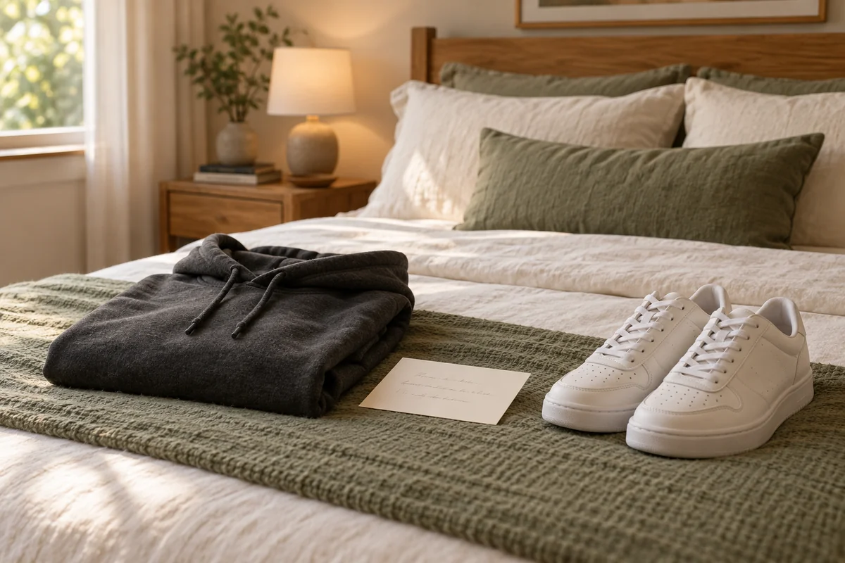 A folded hoodie on a bed beside a small card and a pair of sneakers.