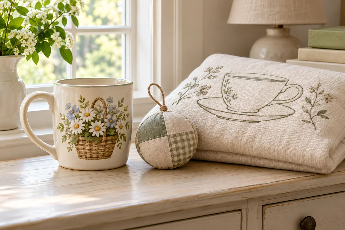 A mug, a small ornament and a folded cushion arranged on a sideboard.