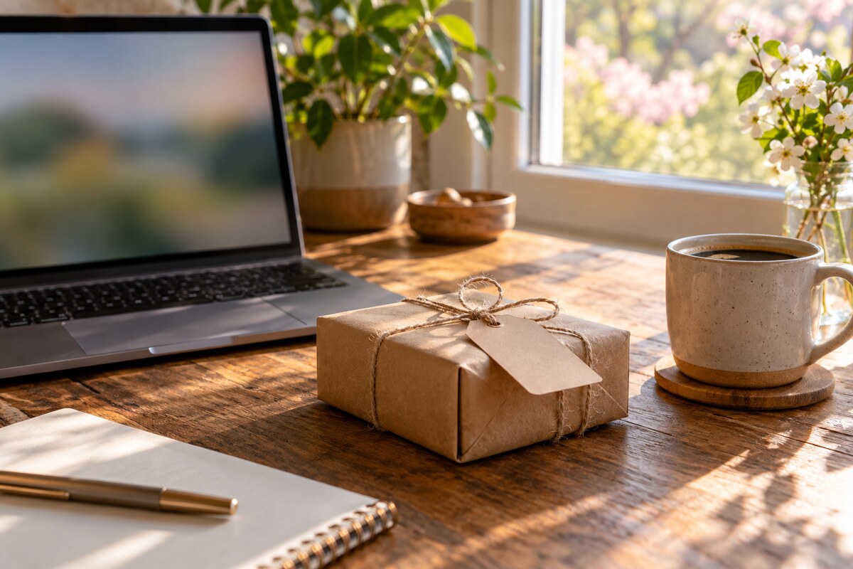 A kraft parcel with a blank tag beside a laptop showing a blurred video call on a desk