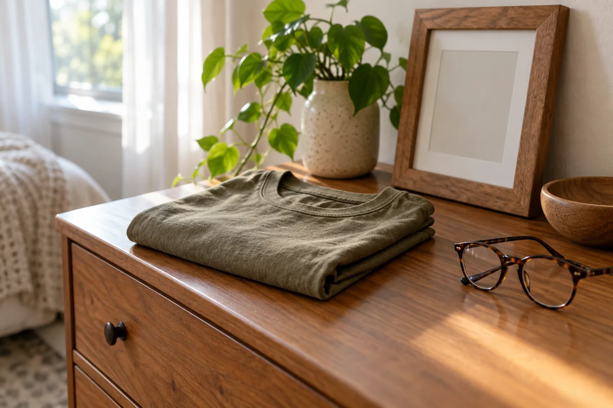 A folded tee, a frame and a pair of reading glasses on a dresser.