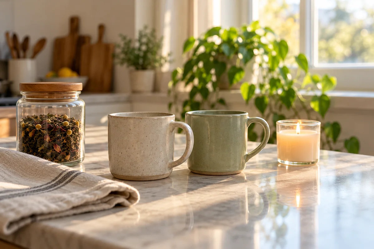 A kitchen counter with two mugs, a small candle and a jar of tea ready for a morning.