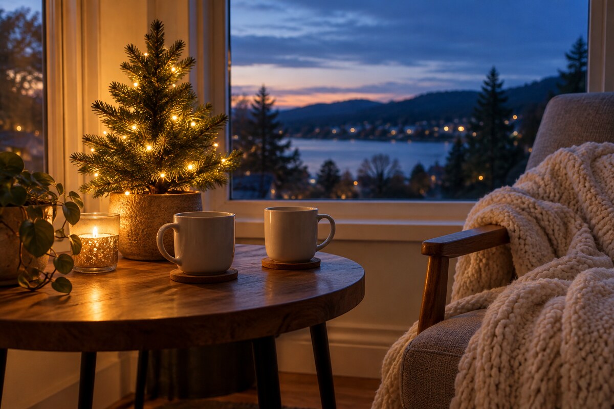 Two plain mugs and a small tree with string lights on a side table at dusk
