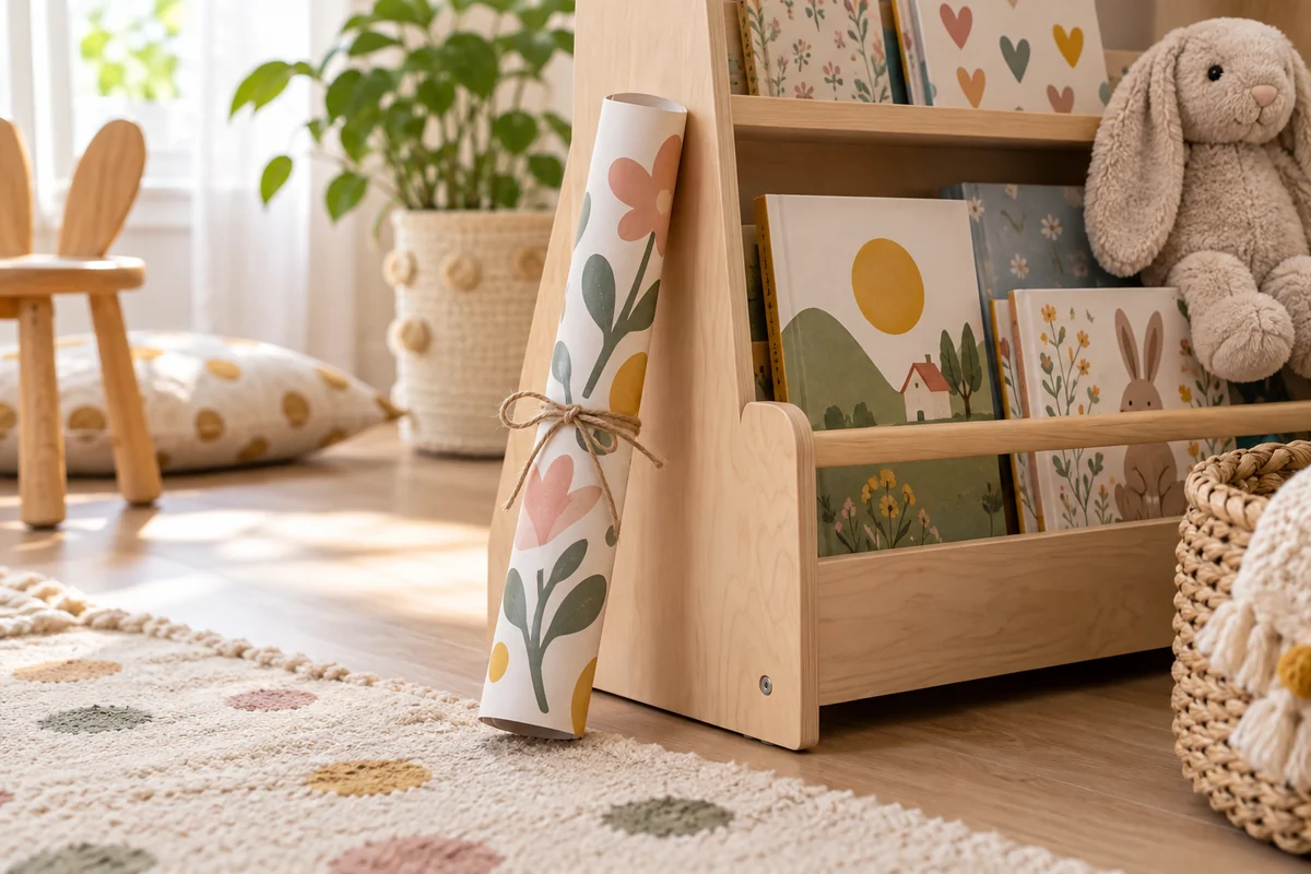 A rolled poster leaning against a children's bookshelf