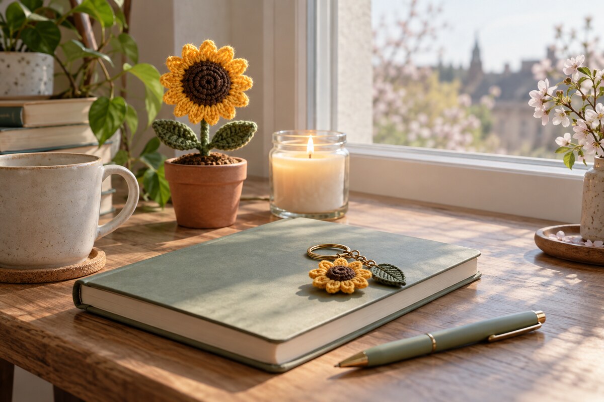 A teenager's desk with a small potted plant, a candle, a keychain and a notebook in soft spring light