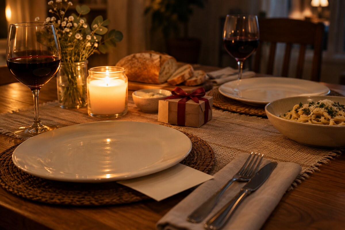 A candle, a gift box and a folded note arranged on a dinner table set for two