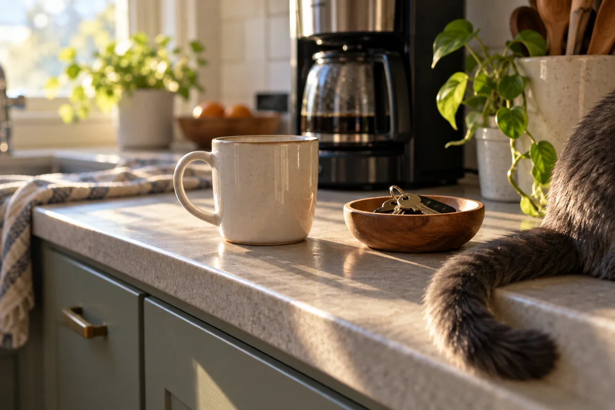 A kitchen counter with a mug beside a keys bowl and a cat's tail near the coffee maker.