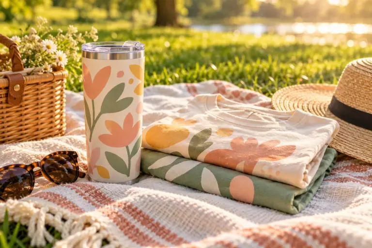 A summer picnic blanket with a tumbler, matching tees and a straw hat in warm sunlight