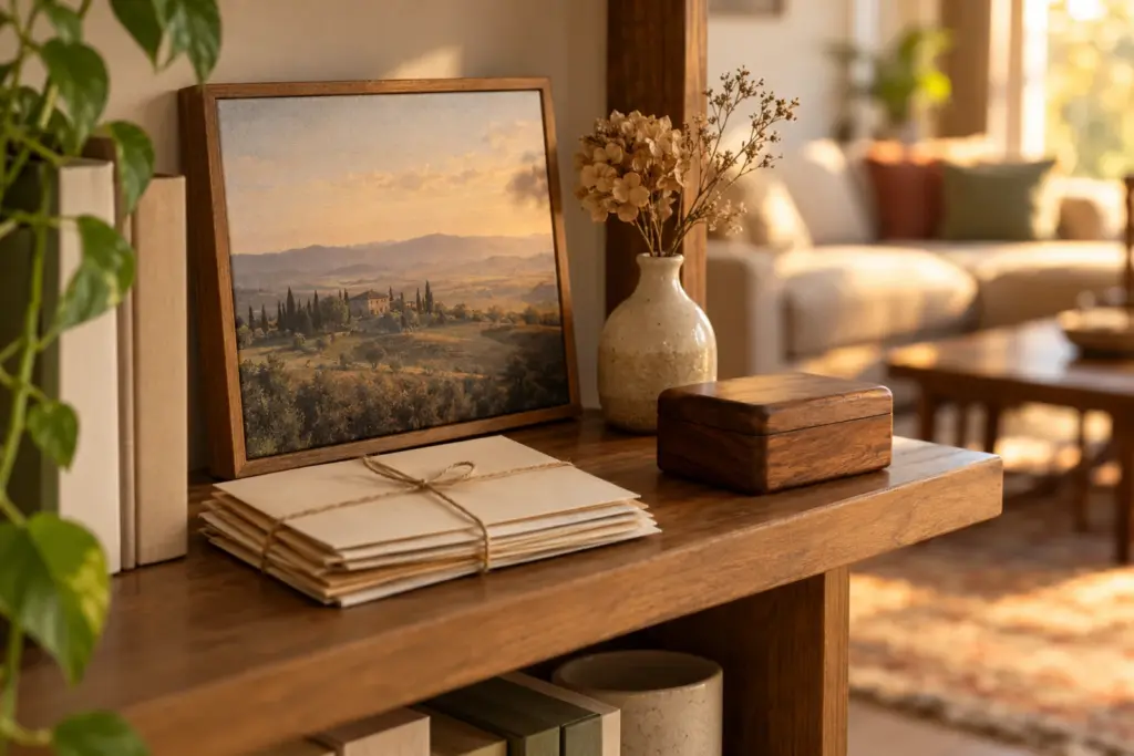 A shelf with a small framed canvas, a bundle of envelopes and a dried flower in warm light.