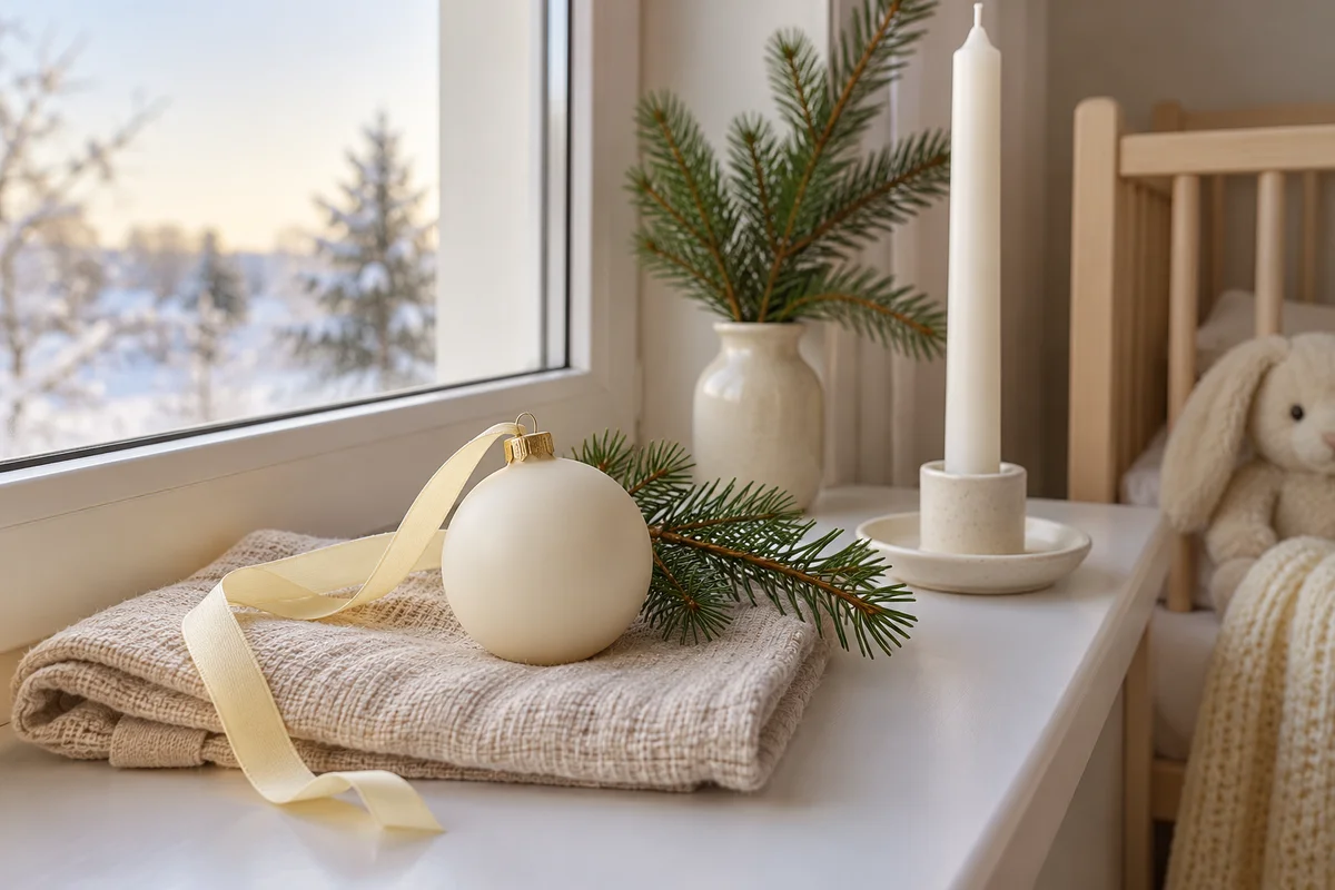 A plain round ornament on a folded cloth beside a pine sprig and a white candle.