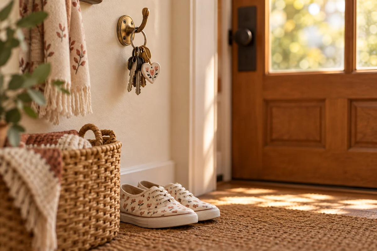 A key hook by a front door holding a few keys and one small charm