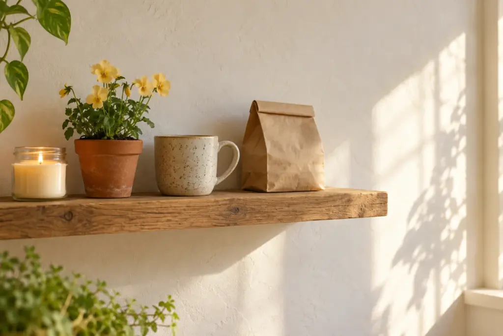 A lit candle jar, a potted yellow flower, a speckled mug and a paper bag on a shelf.