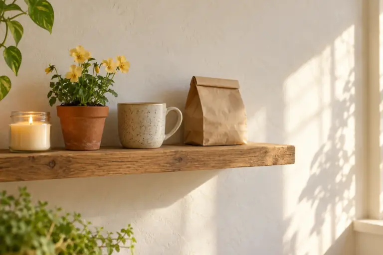 A lit candle jar, a potted yellow flower, a speckled mug and a paper bag on a shelf.