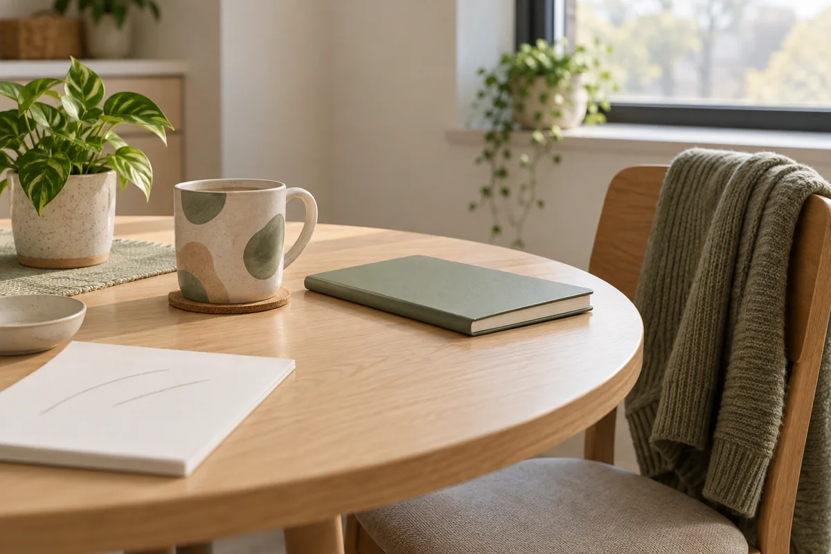 A mug beside a notebook on a break room table in soft daylight.