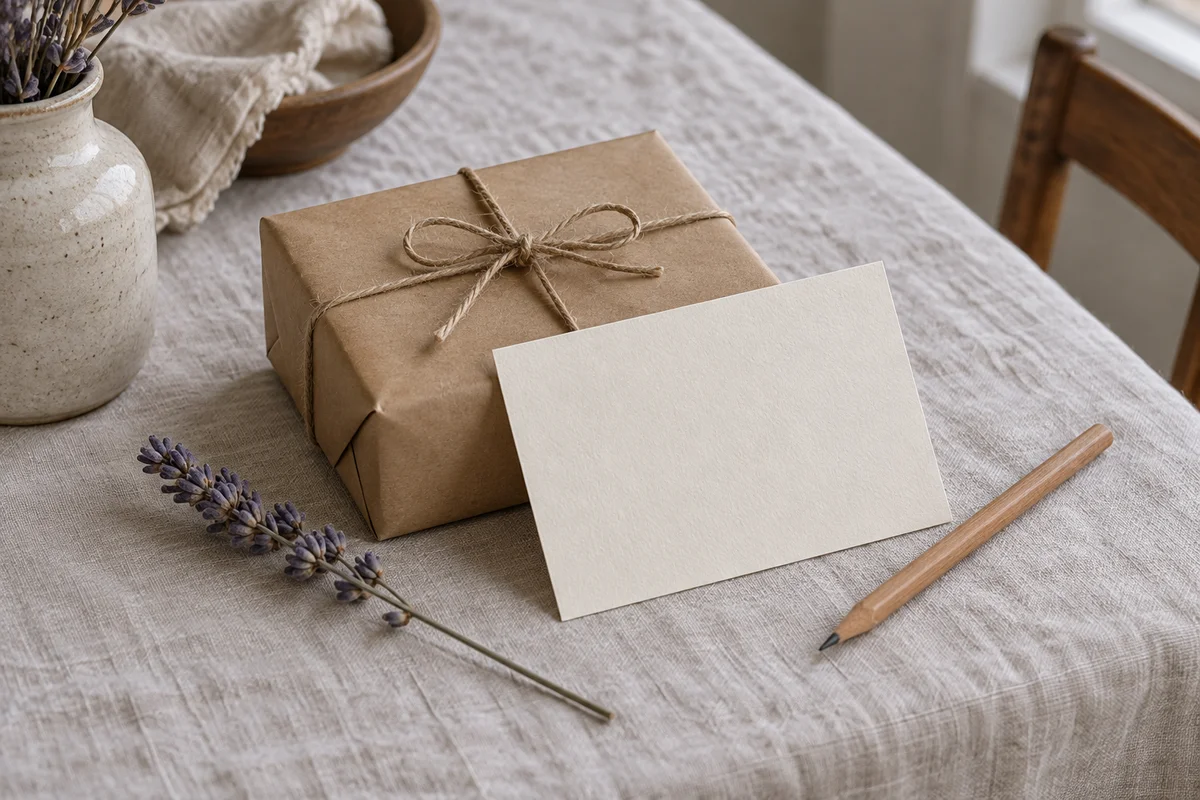 A handwritten blank card leaning against a small wrapped gift on a cloth.
