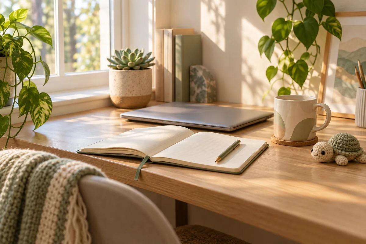 A modern desk with a laptop, a notebook and a small plush on the corner beside a mug.