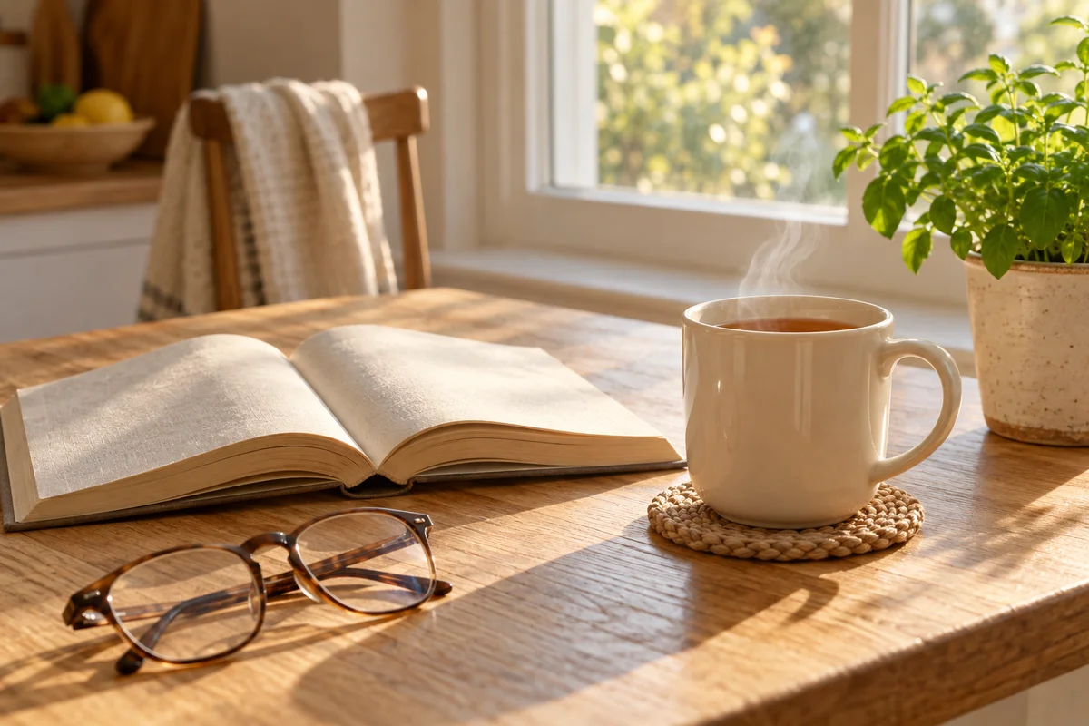 A plain mug of tea beside a small potted herb and an open book on a table.