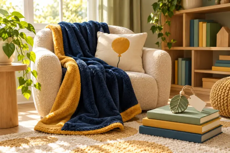 A fleece blanket, a small pillow and a keepsake ornament arranged in a bright children's reading corner
