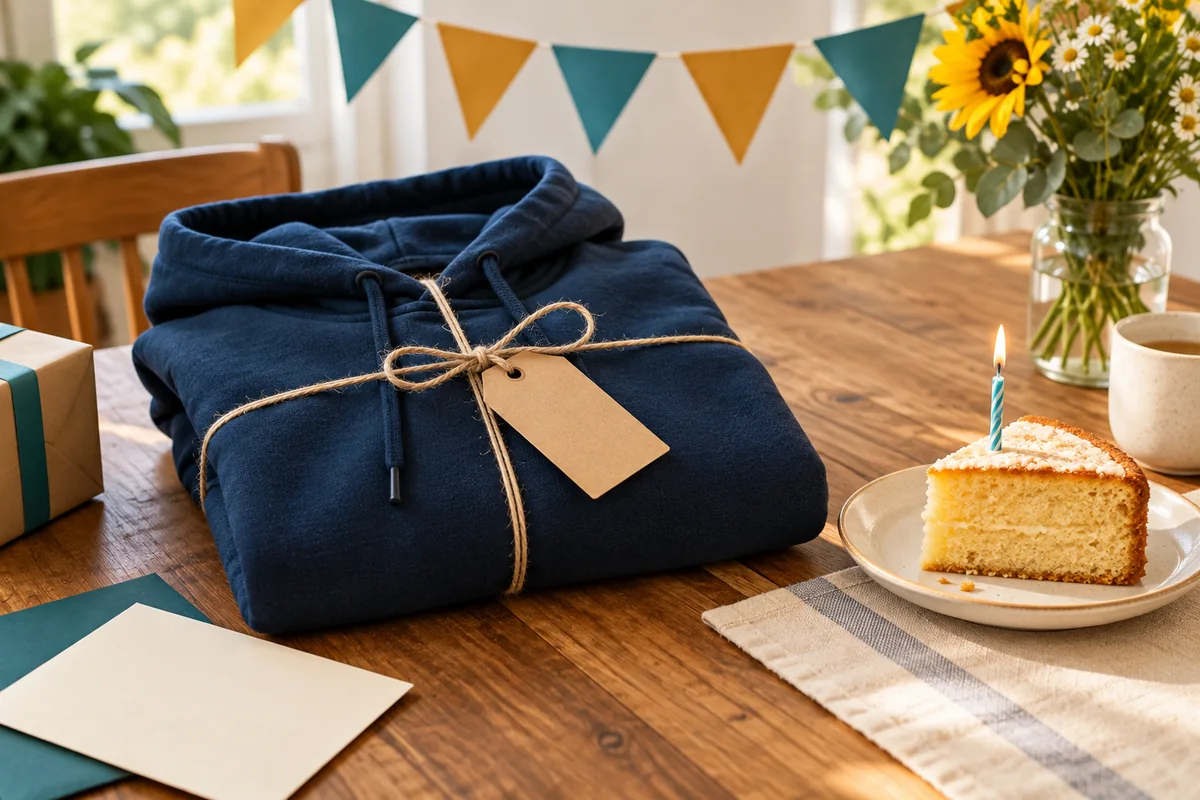 A folded hooded sweatshirt and a gift tag tied with twine on a birthday table.