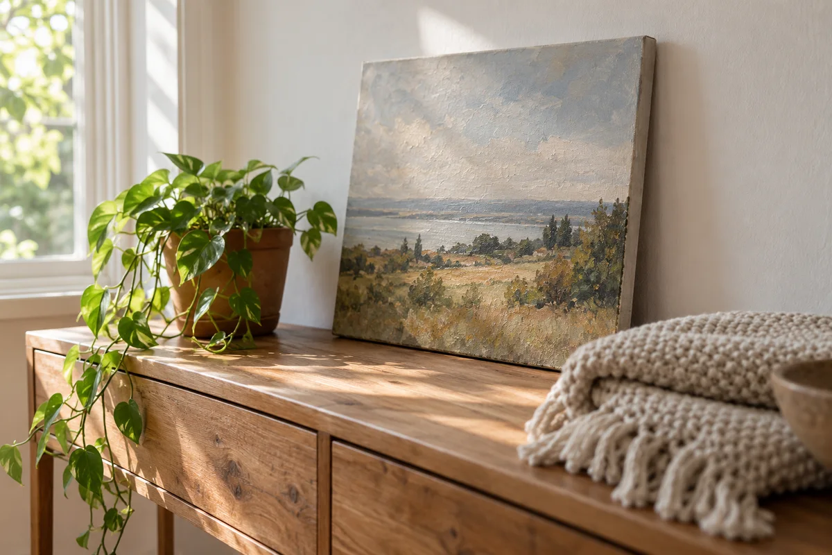 A small landscape canvas leaning on a console table beside a trailing houseplant and a folded knit throw.