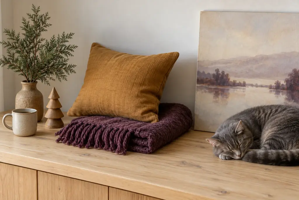 Three tiers of gifts laid out on a table, from a small mug to a folded blanket and a canvas
