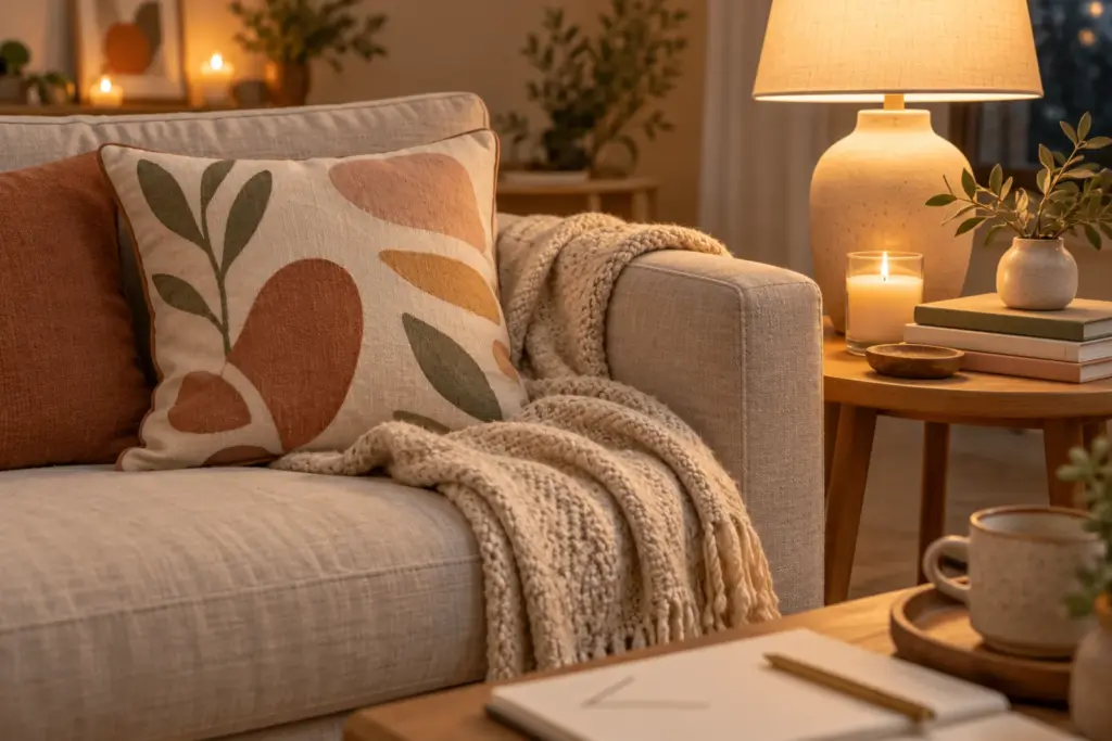 A sofa corner with a pillow, a folded throw and a candle on a side table