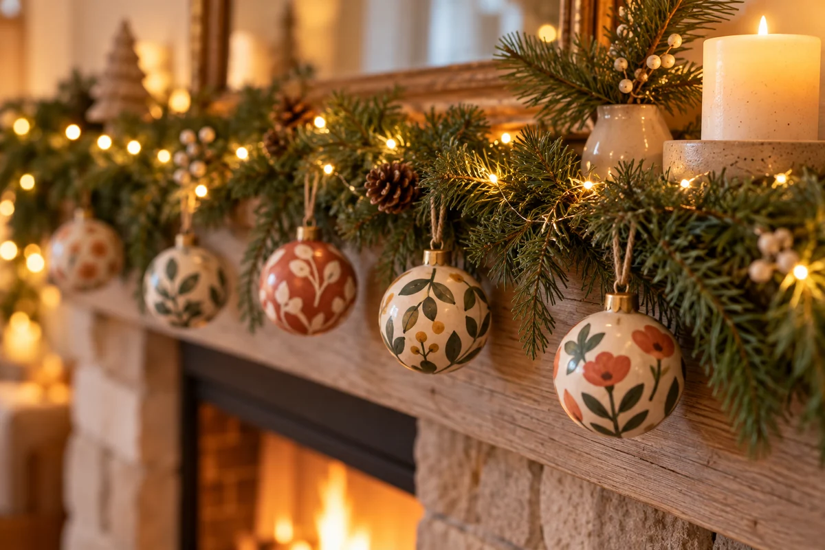 Small round ornaments on a green garland along a mantel beside a candle