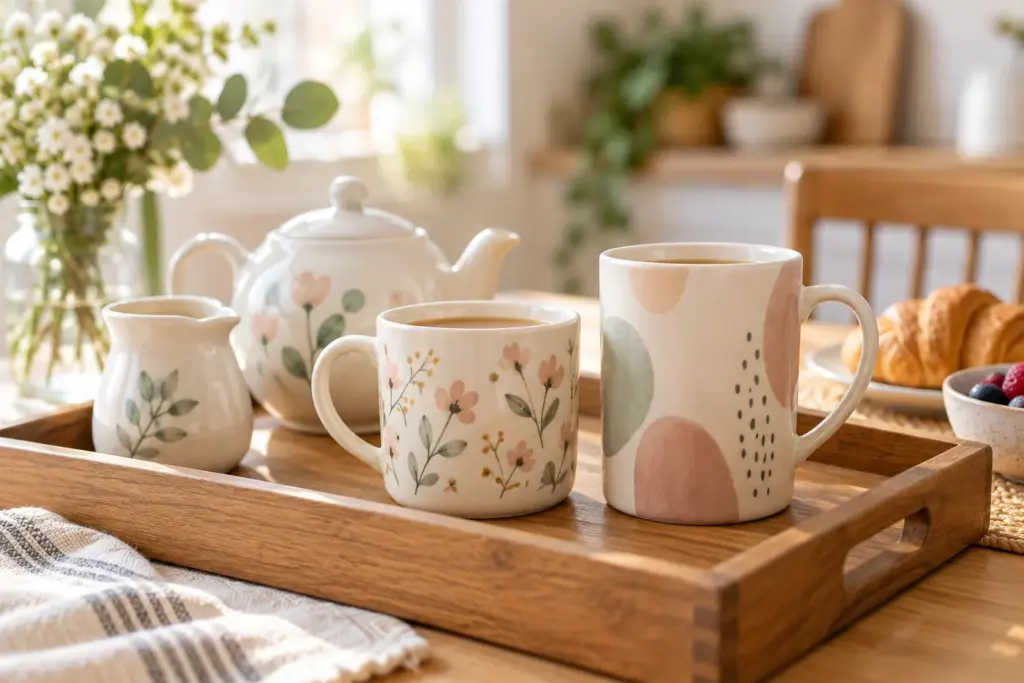 Two mugs of different heights side by side on a tray with a teapot and a small jug