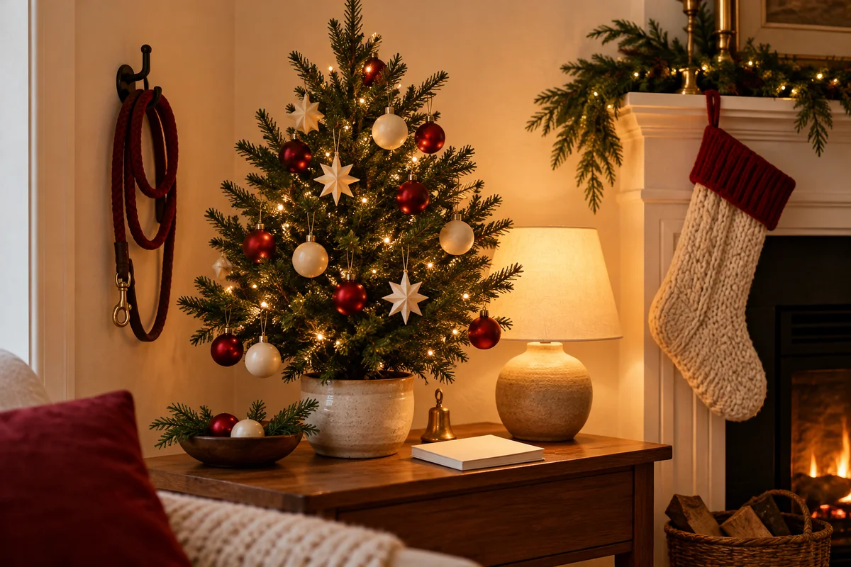 A small decorated tabletop tree, a leash on a wall hook and a knit stocking by a fireplace.