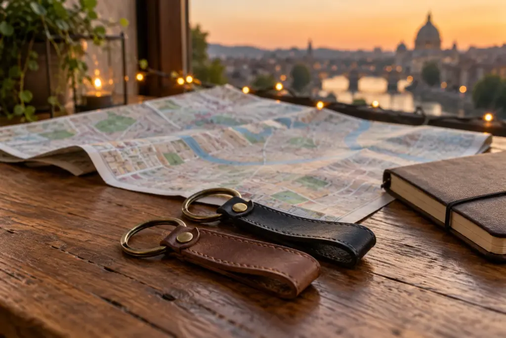 A pair of keychains, a folded city map and a small notebook on a table at dusk.