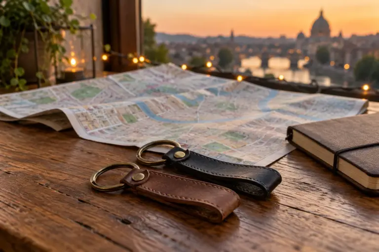 A pair of keychains, a folded city map and a small notebook on a table at dusk.