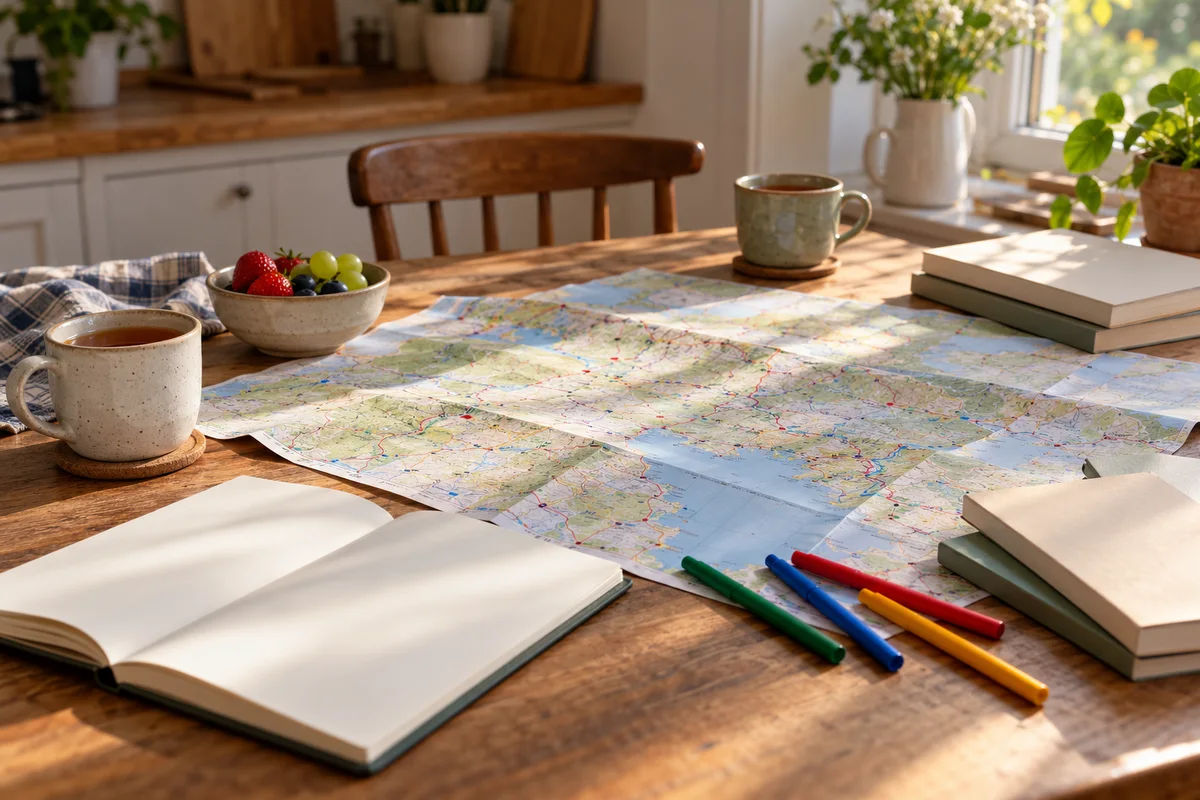 A table with an unfolded paper map, colored pens and two cups of tea.