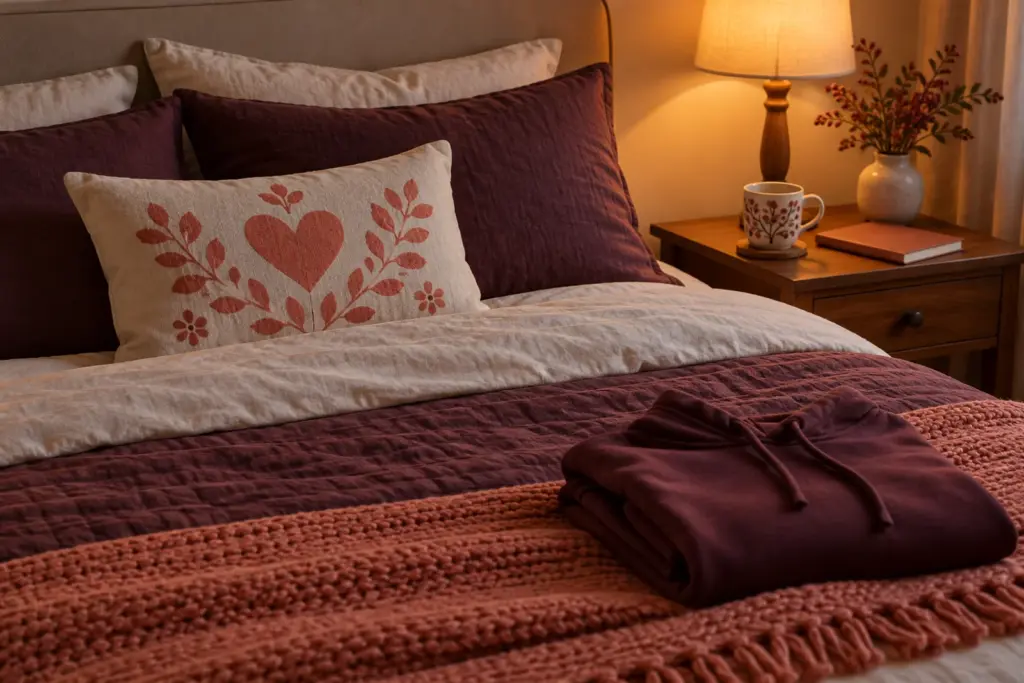 A hoodie, a pillow and a mug arranged on a bed with soft evening light.